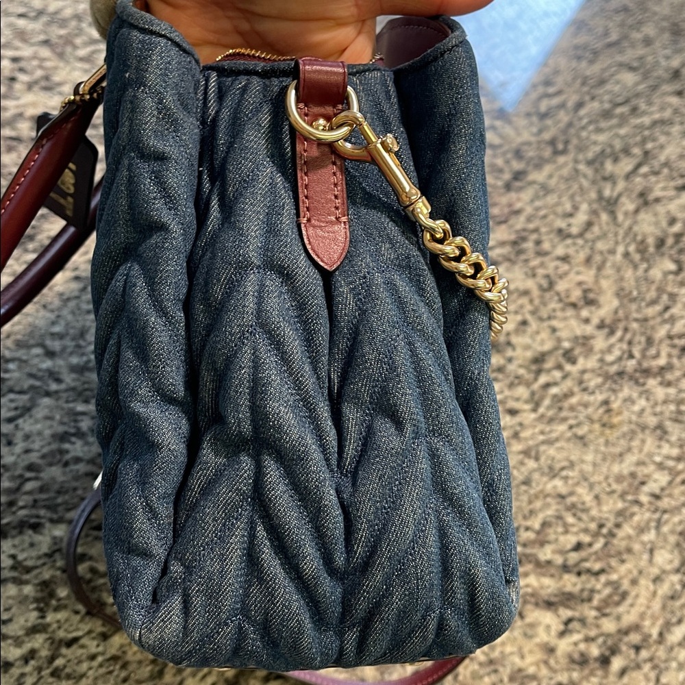 Coach Quilted Navy Denim Satchel with Burgundy Leather Trim - Picture 11 of 15